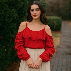 Size L Cold Shoulder Ruffle Sleeves Poppy Red Top Blouse Valentines Date Night